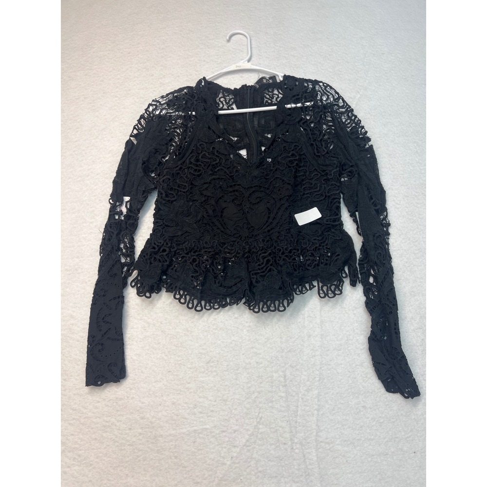 Sea New York Black Guipure Lace Long Sleeve Peplum Top Size 10 - Picture 3 of 7